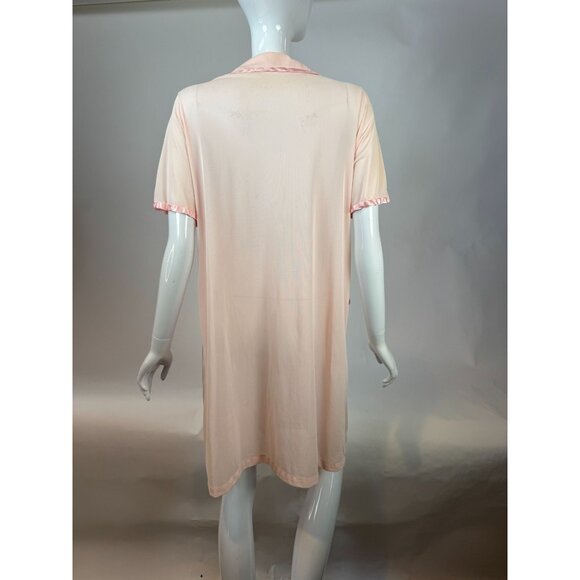 Vintage Sears Pink Nylon Short Sleeve Button-Front Nightgown With Satin Trim & P - Picture 3 of 16